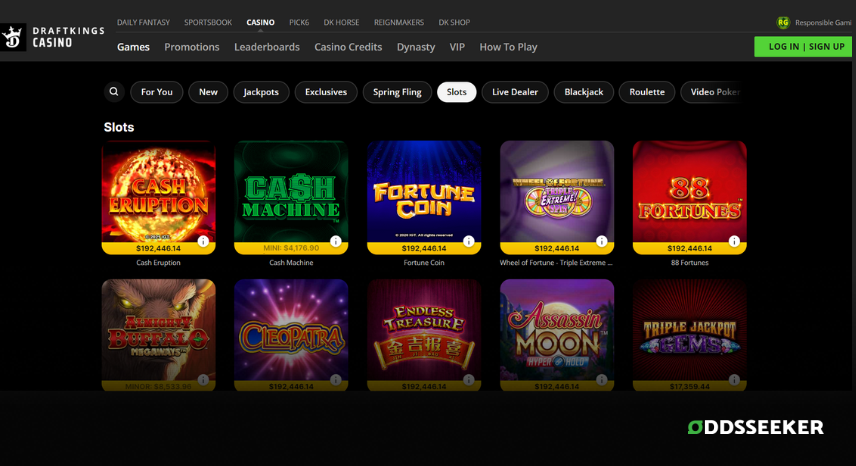 A screenshot of the desktop casino games library page for DraftKings